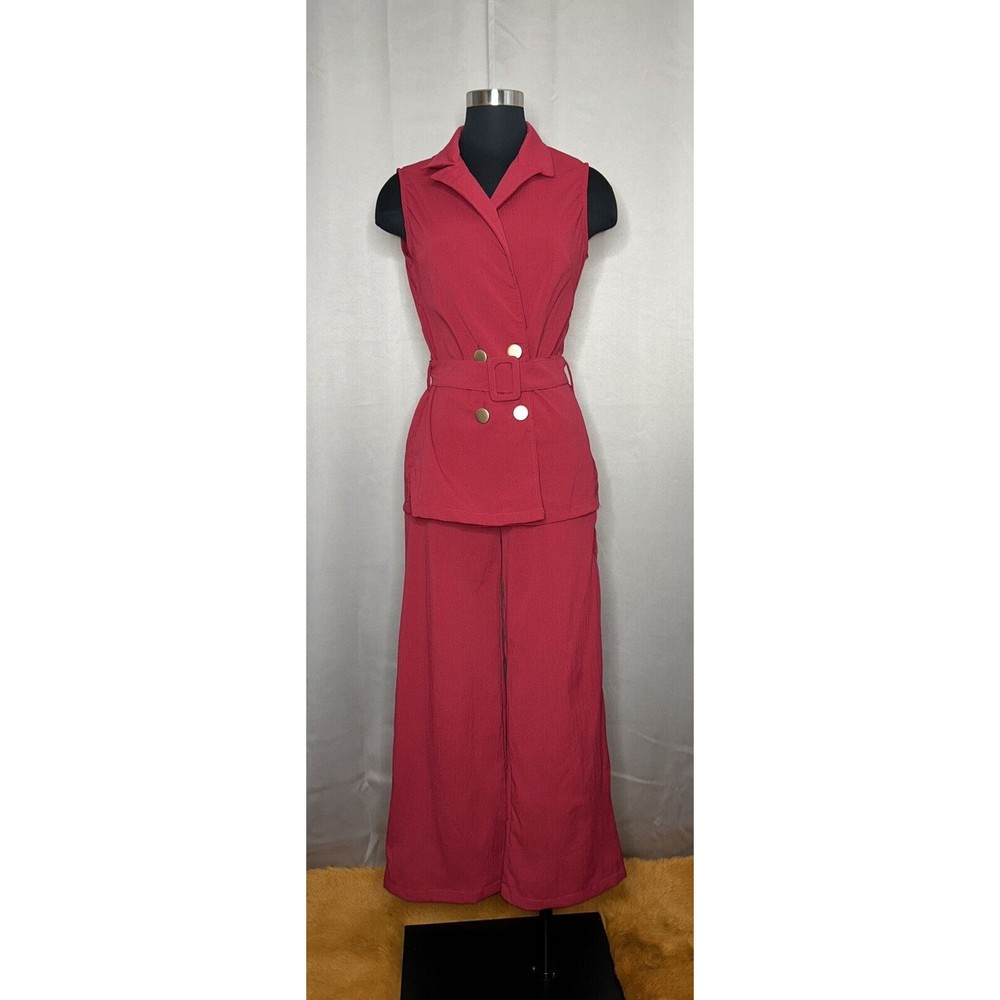 Women Red Belted Sleeveless High Waist Pants Co-Ord Set One Size Small to Large